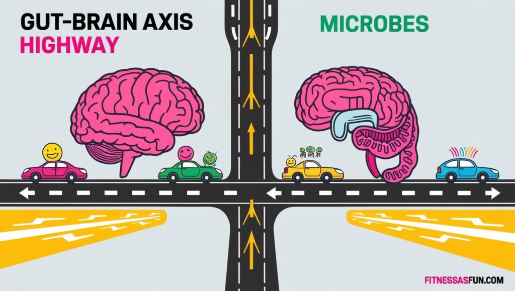 “Two way highway between a brain and intestines labeled 'Gut Brain Axis'