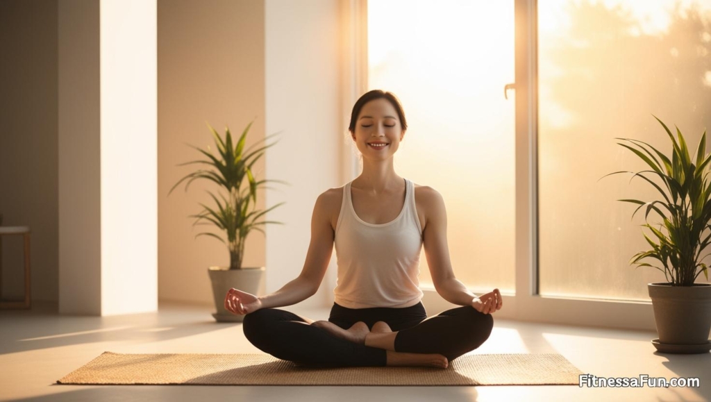 a person sitting cross legged on a mat, eyes closed, smiling peacefull