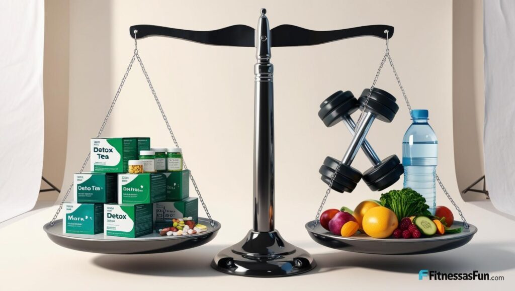 balance scale showing detox teas and pills on one side and dumbbells water and food on the other