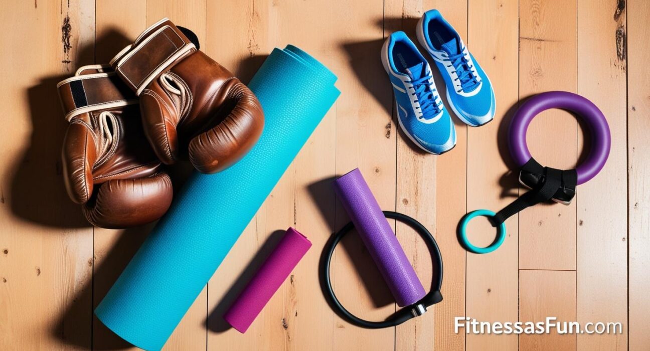 boxing gloves yoga mat spin shoes Pilates ring—laid out on a wooden floor