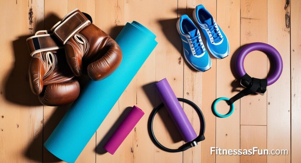boxing gloves yoga mat spin shoes Pilates ring—laid out on a wooden floor