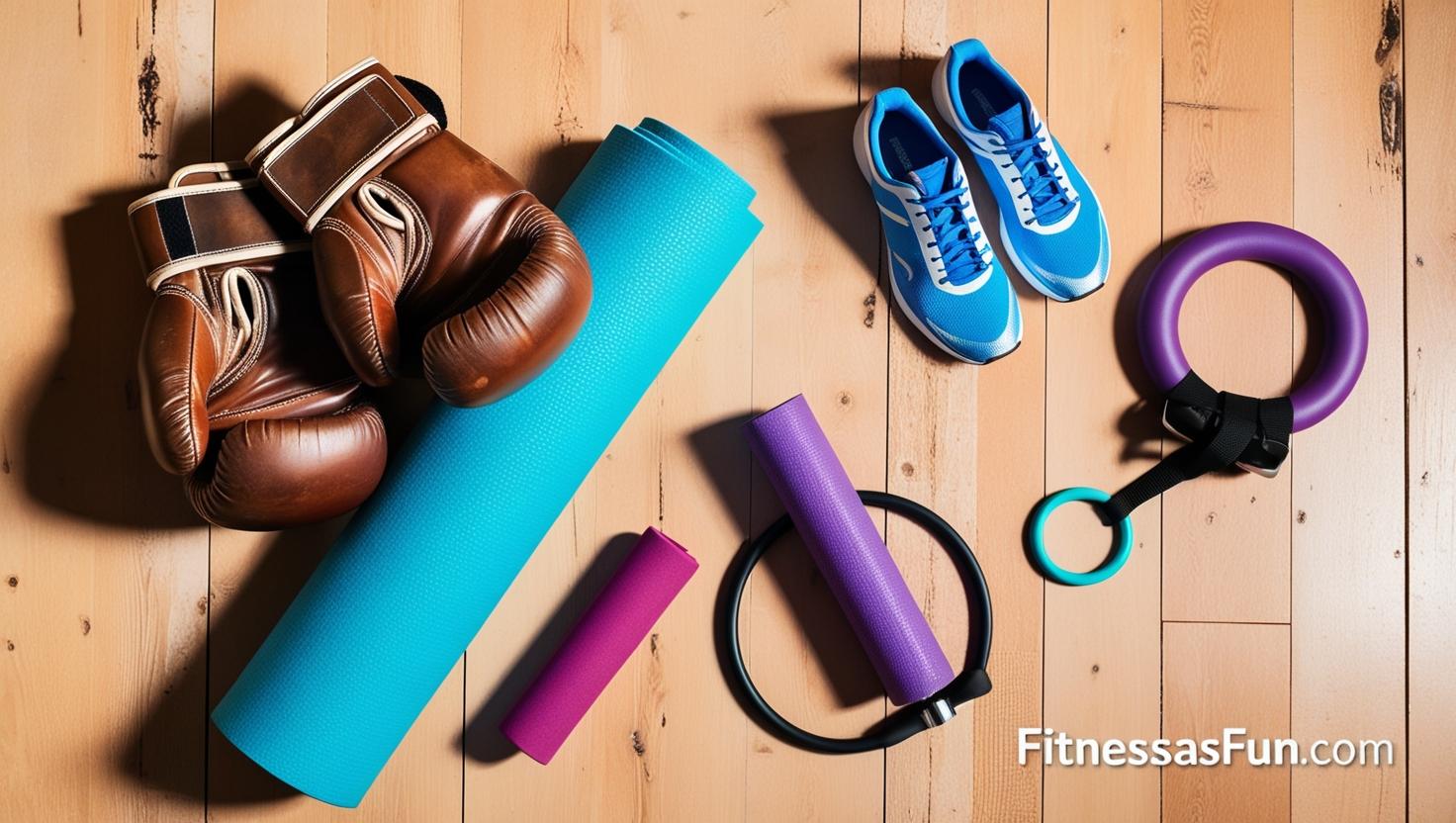 boxing gloves yoga mat spin shoes Pilates ring—laid out on a wooden floor