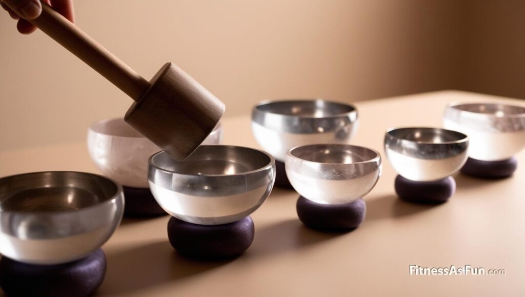 close up of crystal singing bowls being played with a mallet