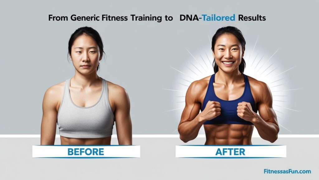 concept of a person switching from generic training to DNA tailored results (e g better physique smiling face more energy)