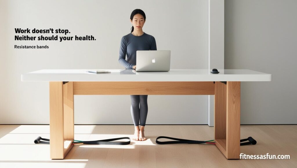 desk setup with resistance bands underfoot