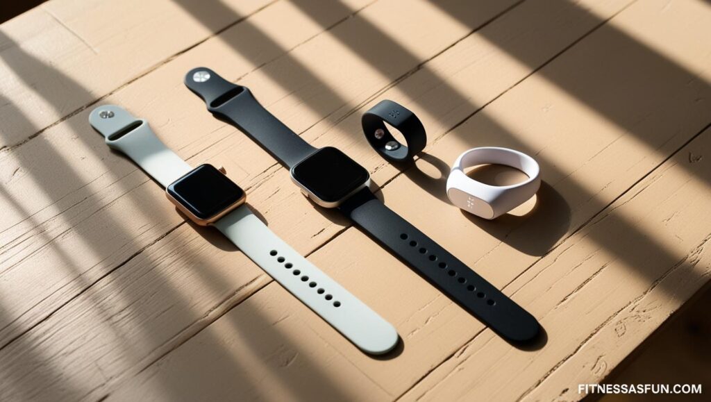 fitness wearables (Apple Watch Whoop Oura Fitbit) on a wooden table