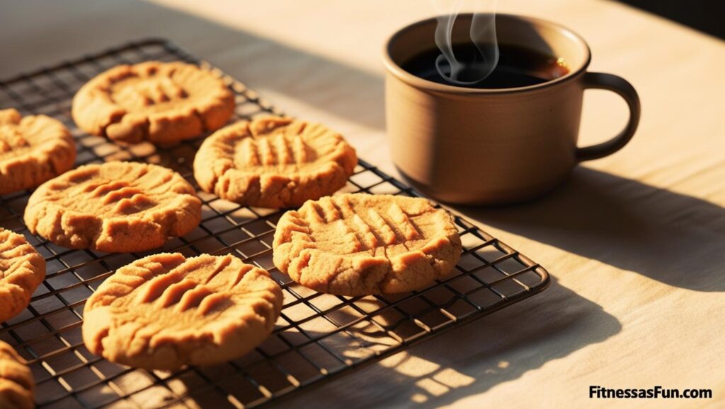 flourless peanut butter cookies cooling on a wire rack with a cup of coffee
