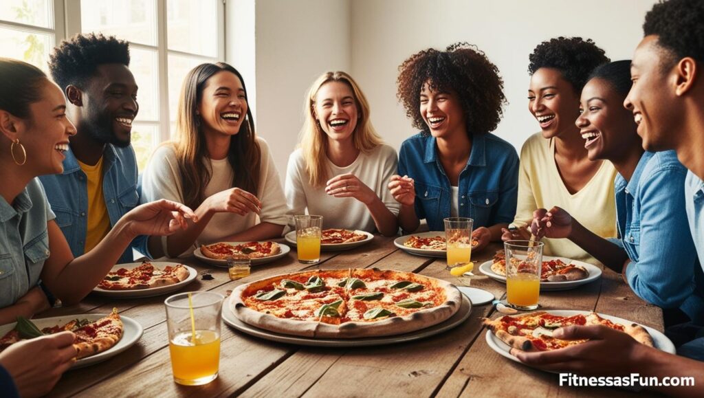 happy relaxed person enjoying pizza with friends at a dinner table—no phones no guilt