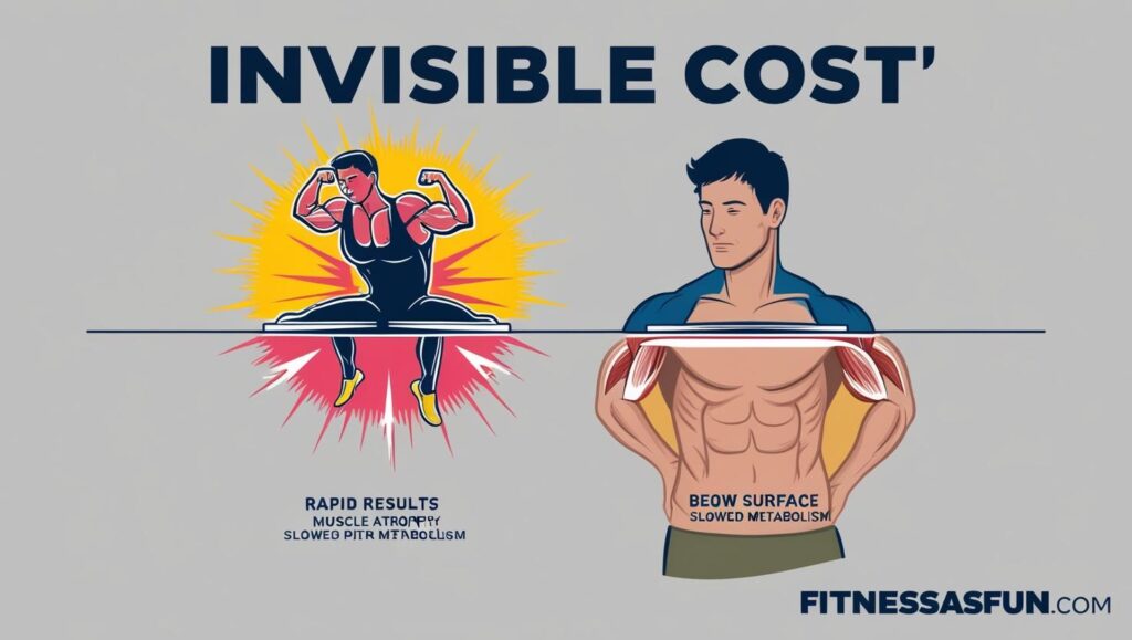 “invisible cost” visual showing fast results above the surface and muscle loss metabolic slowdown below