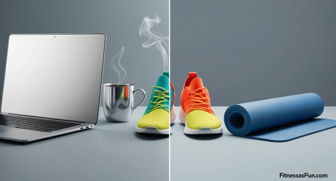 laptop and coffee mug; on the other sneakers and a yoga mat