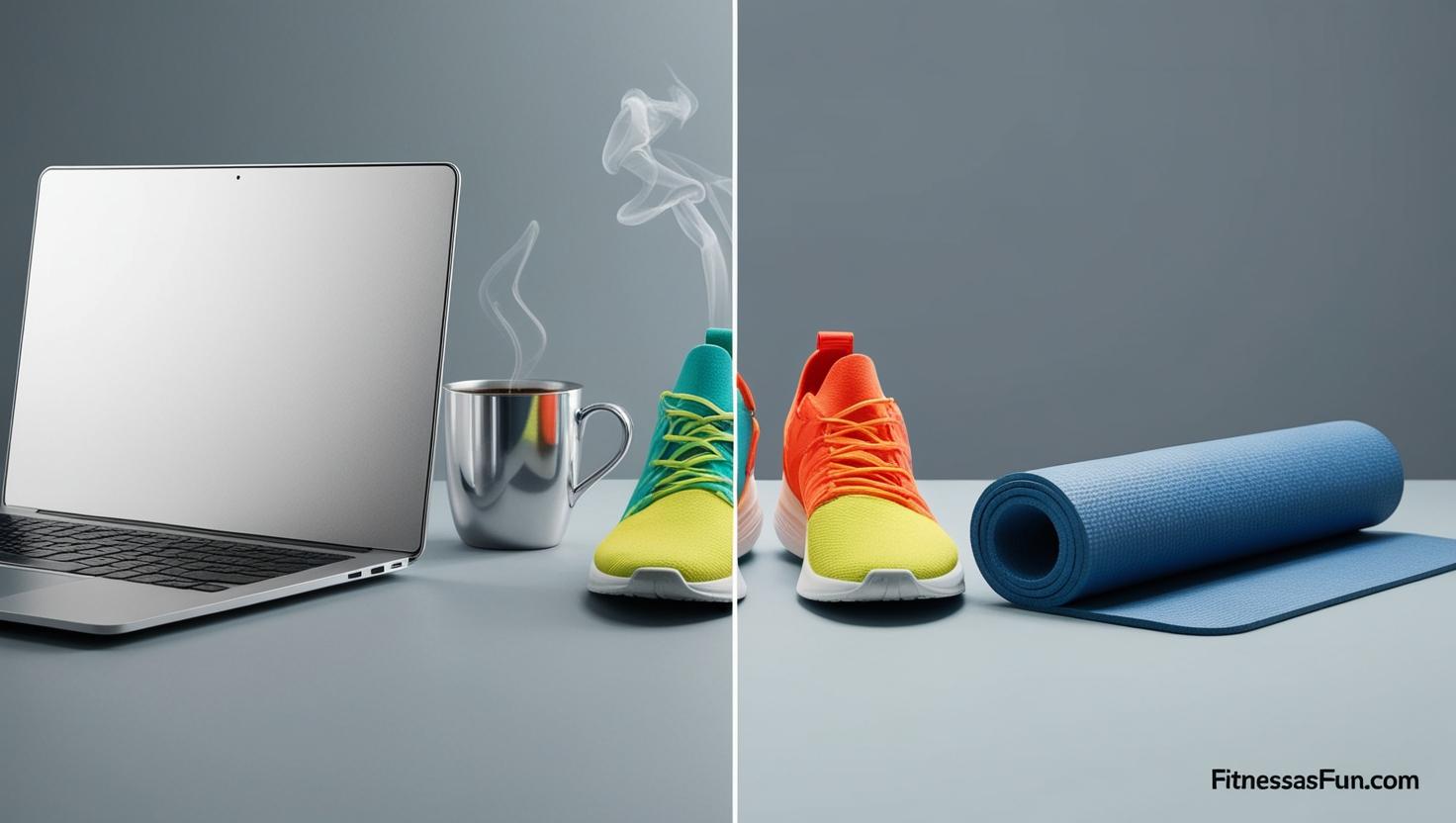 laptop and coffee mug; on the other sneakers and a yoga mat