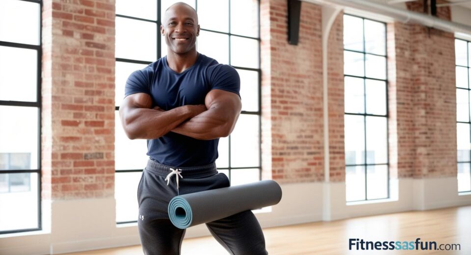 man standing in a gym arms crossed with a yoga mat rolled up no visible six pack