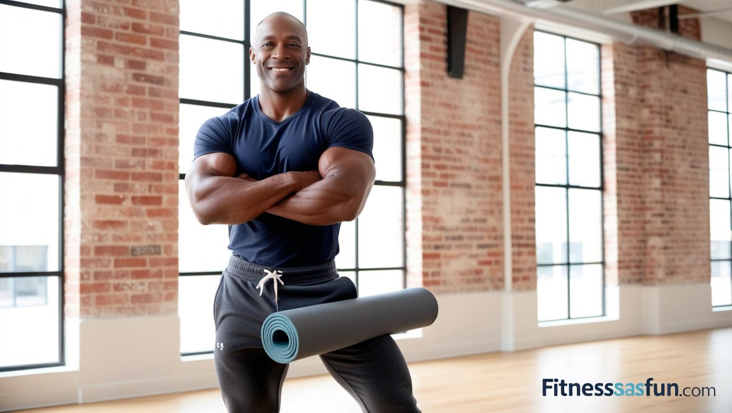 man standing in a gym arms crossed with a yoga mat rolled up no visible six pack