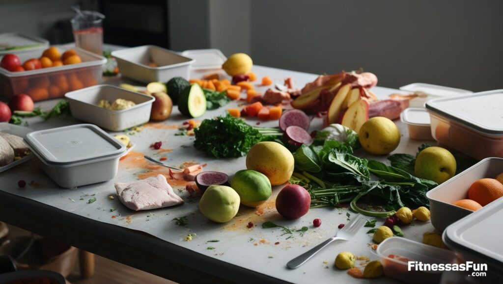 messy meal prep table with imperfect but real food