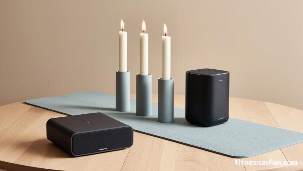 minimalist home setup for sound healing – mat candles and a speaker