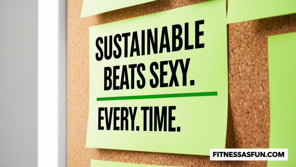motivational sticky note board that reads “Sustainable beats sexy Every Time