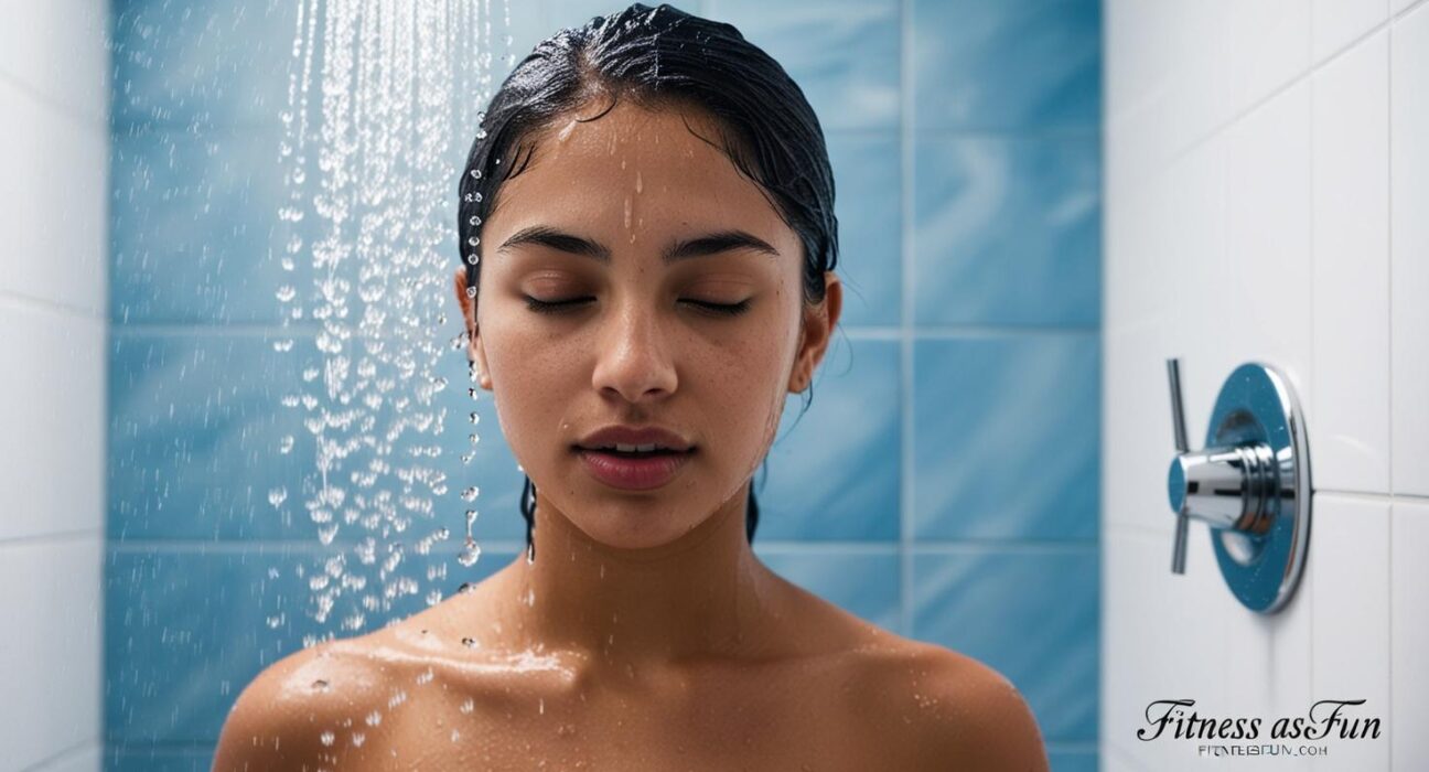 old shower with icy mist eyes closed mid breath