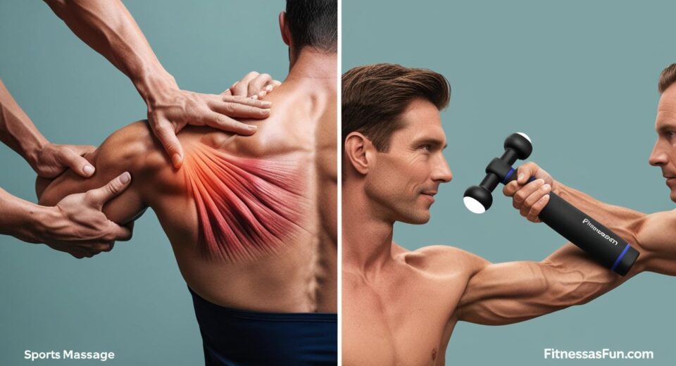one side showing a professional sports massage session the other side showing a person using a massage tool