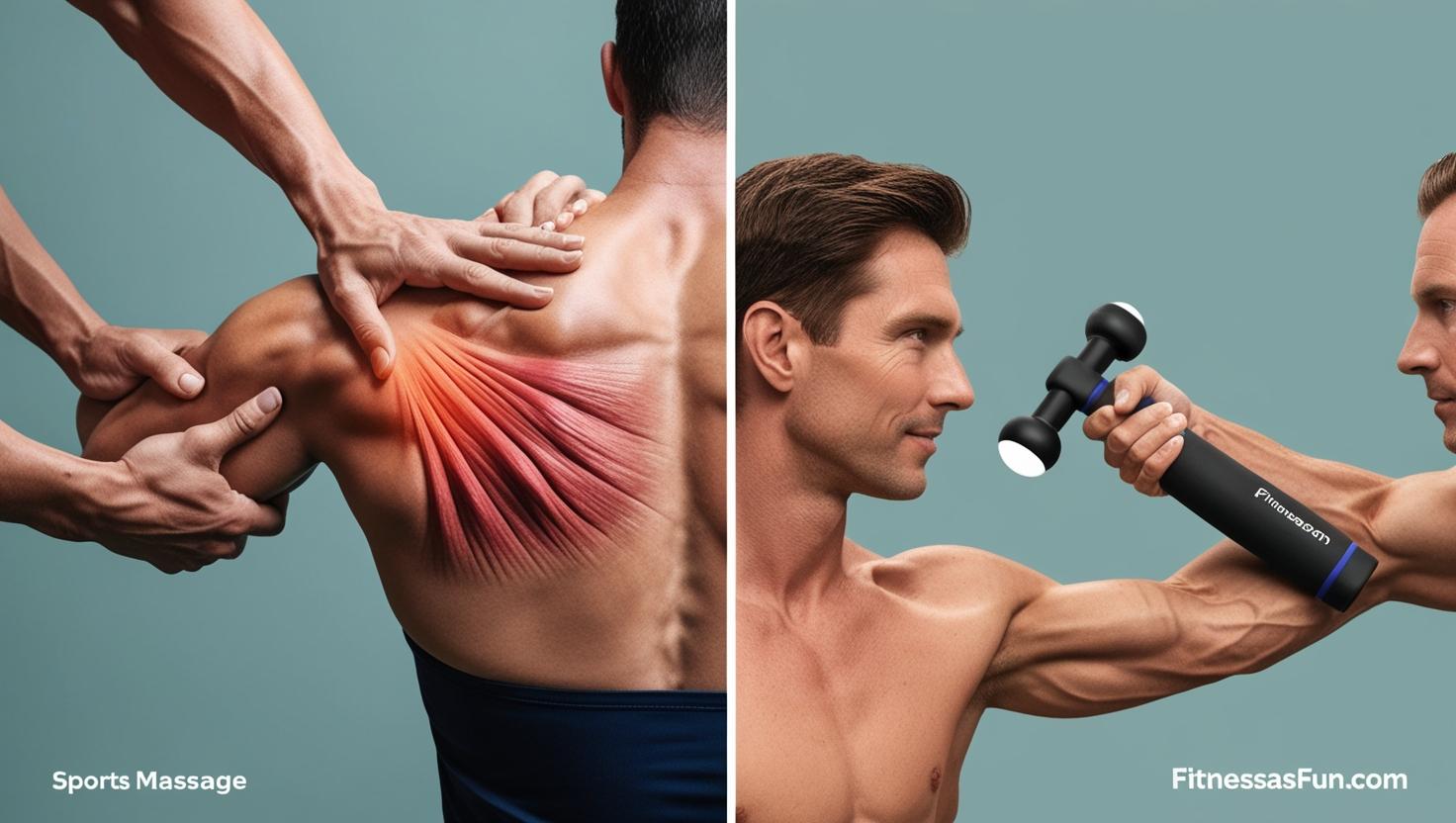 one side showing a professional sports massage session the other side showing a person using a massage tool