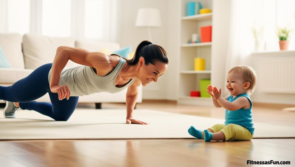 parent doing push ups at home while a toddler watches or mimics them