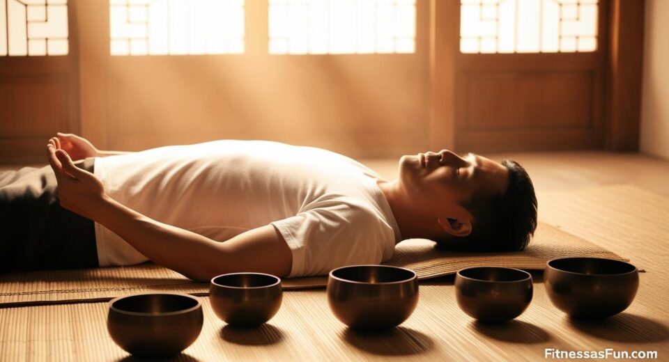 peaceful person lying on a mat with Tibetan singing bowls around them soft lighting serene indoor setting