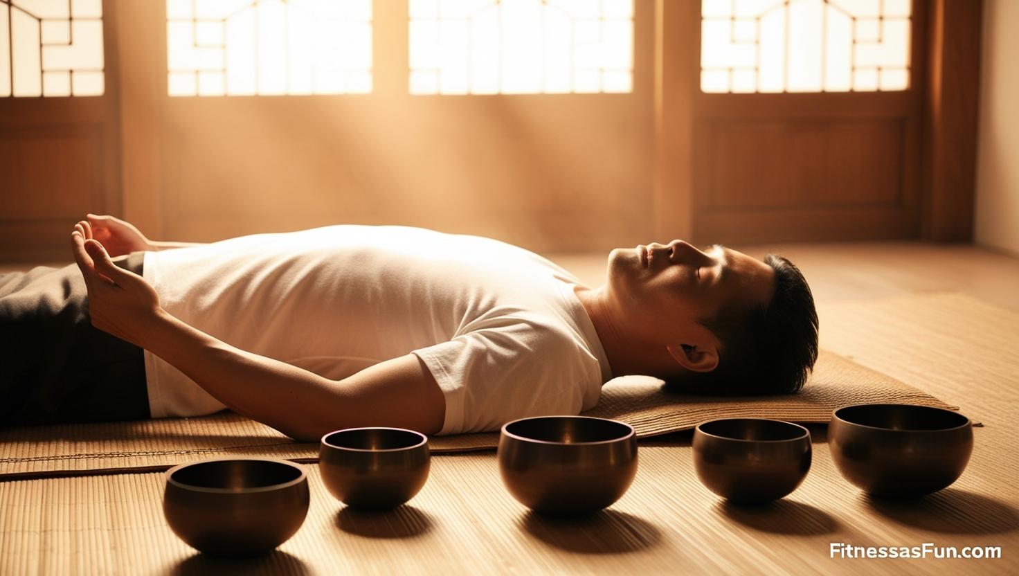 peaceful person lying on a mat with Tibetan singing bowls around them soft lighting serene indoor setting