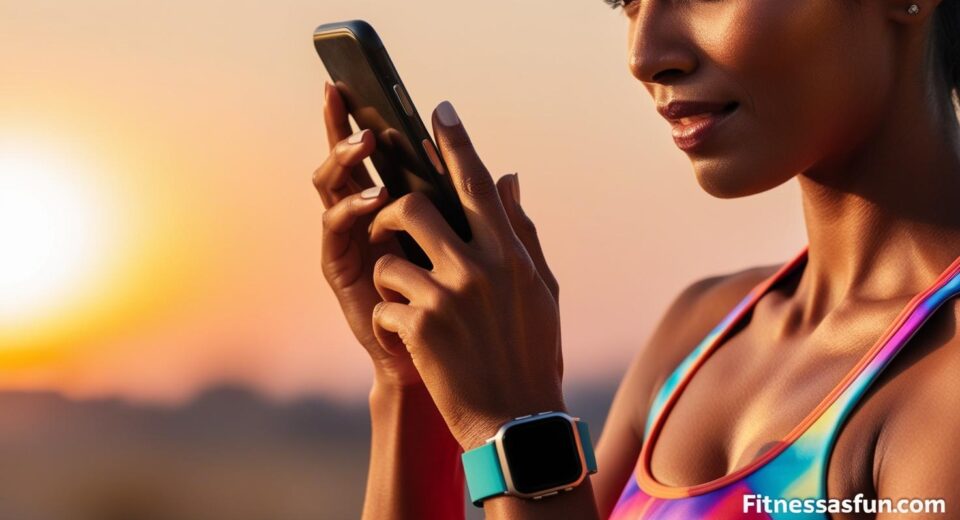 person checking their smartwatch during a workout at sunrise