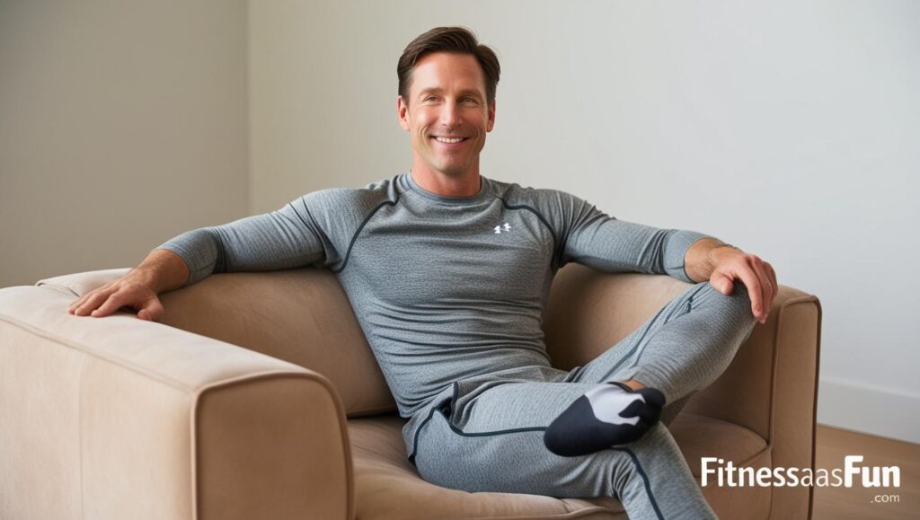 person relaxing on a couch in workout clothes smiling without posing
