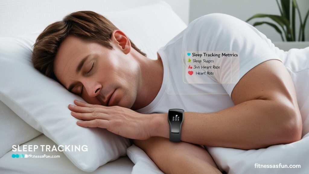 person sleeping with a fitness ring overlaid with sleep tracking metrics