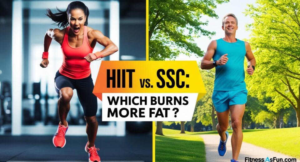 person sprinting (HIIT) on one side and jogging in a park (SSC) on the other