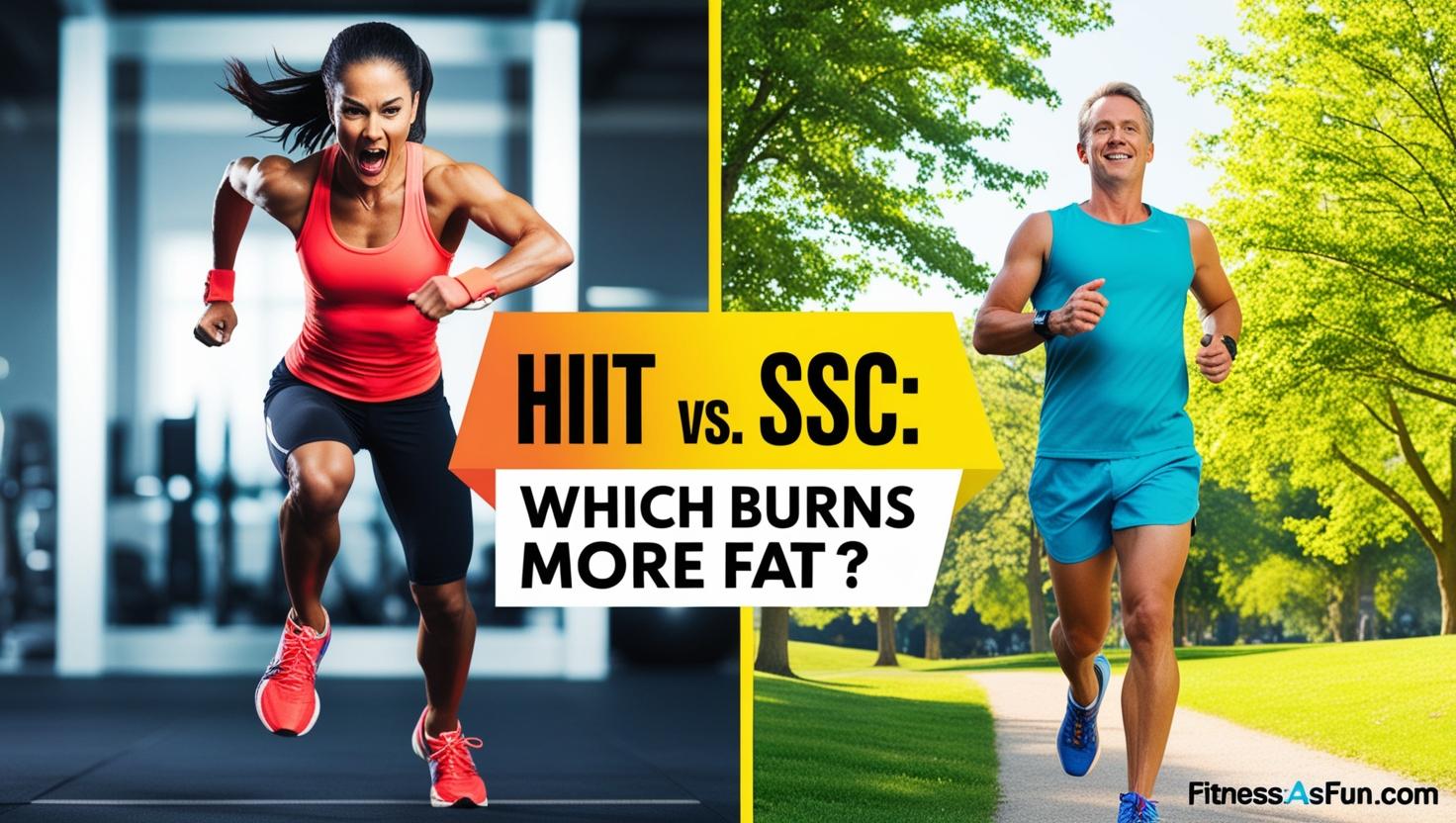 person sprinting (HIIT) on one side and jogging in a park (SSC) on the other