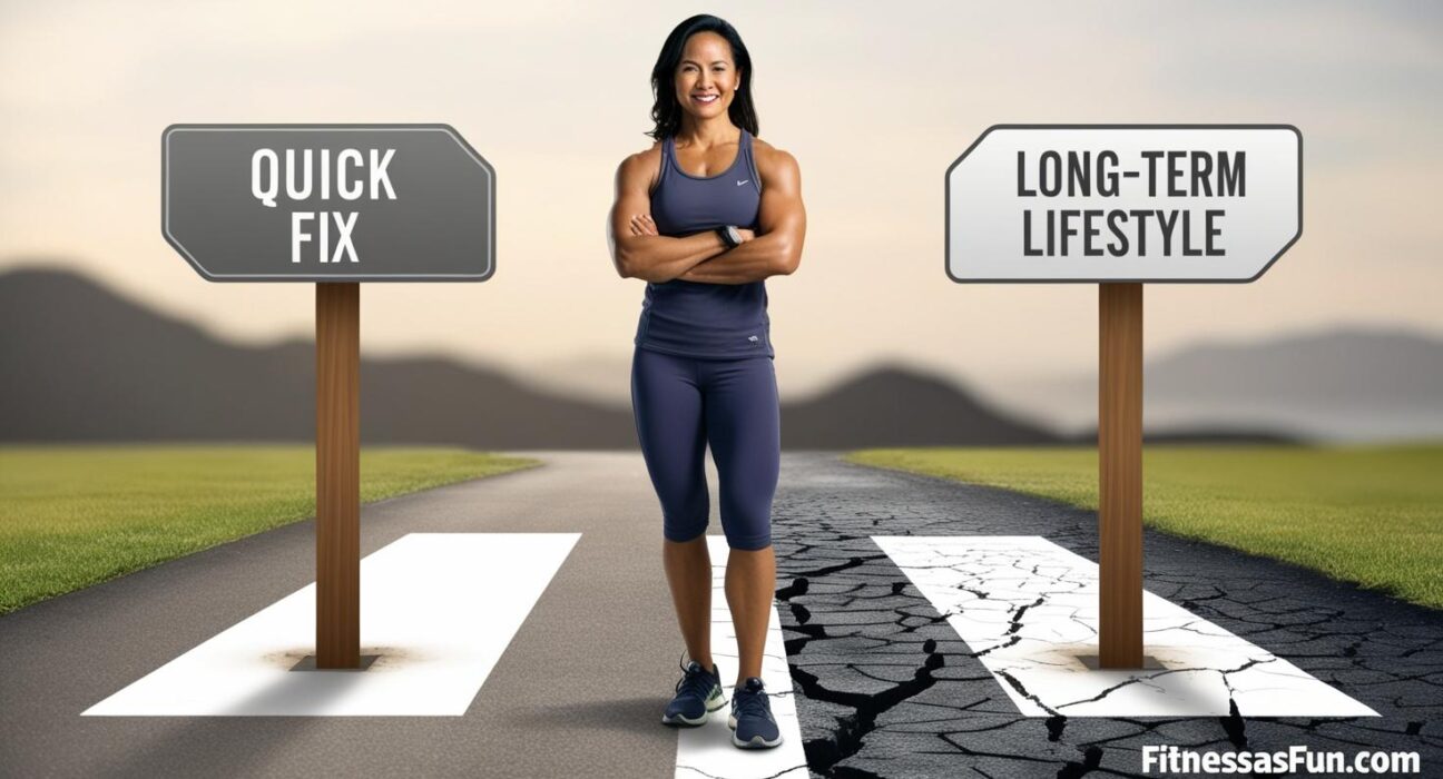person standing between two roads—one labeled “Quick Fix” and one labeled “Long Term Lifestyle