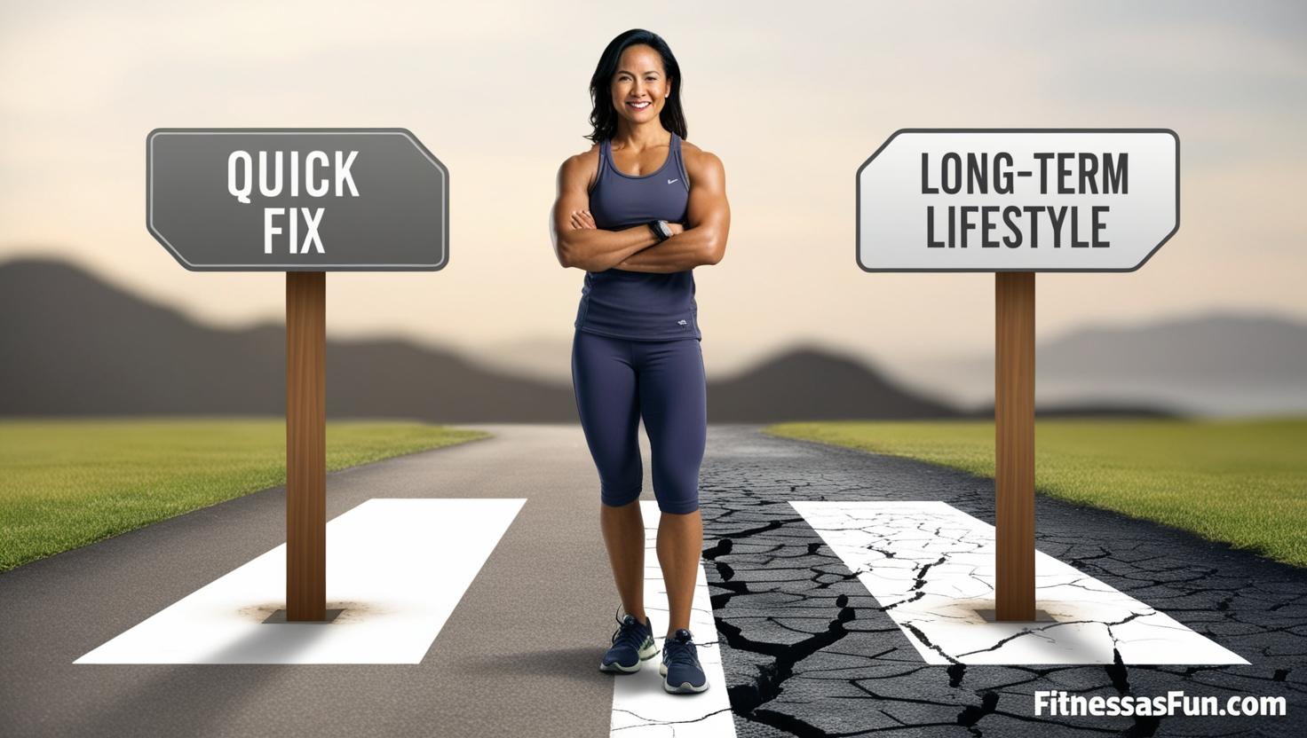 person standing between two roads—one labeled “Quick Fix” and one labeled “Long Term Lifestyle