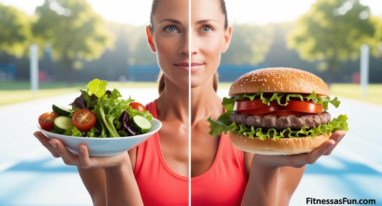 split image of a fit person holding a salad in one hand and a burger in the other looking thoughtful (not guilty)
