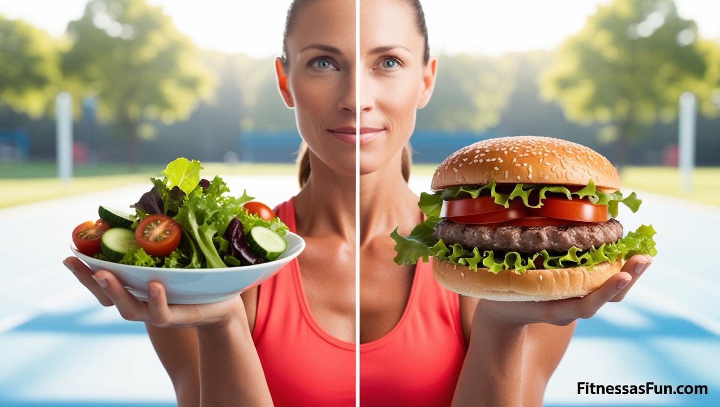 split image of a fit person holding a salad in one hand and a burger in the other looking thoughtful (not guilty)