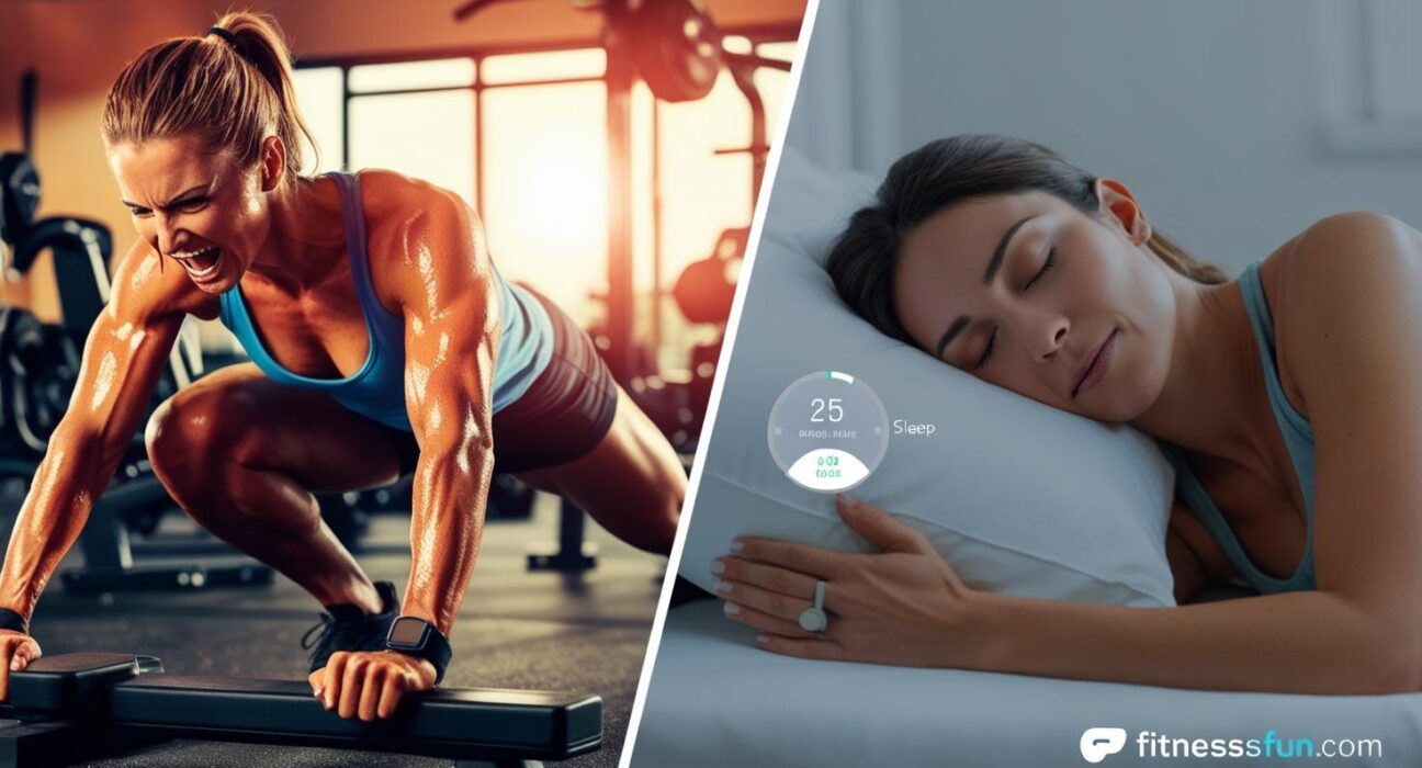 split screen visual—left side shows a sweaty gym session right side shows peaceful sleep