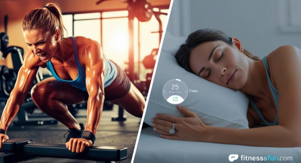 split screen visual—left side shows a sweaty gym session right side shows peaceful sleep