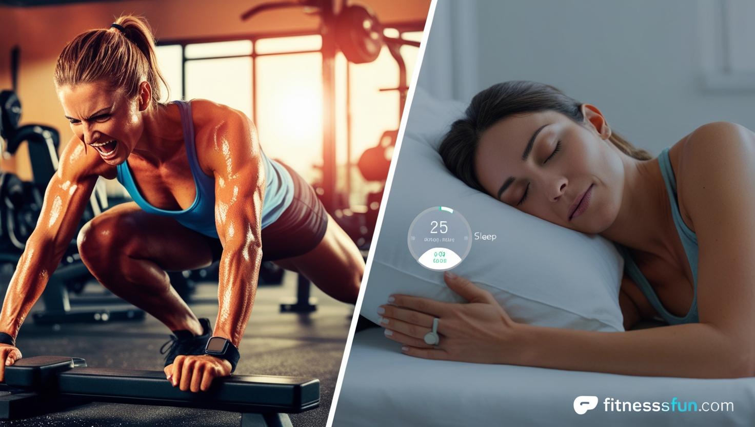 split screen visual—left side shows a sweaty gym session right side shows peaceful sleep