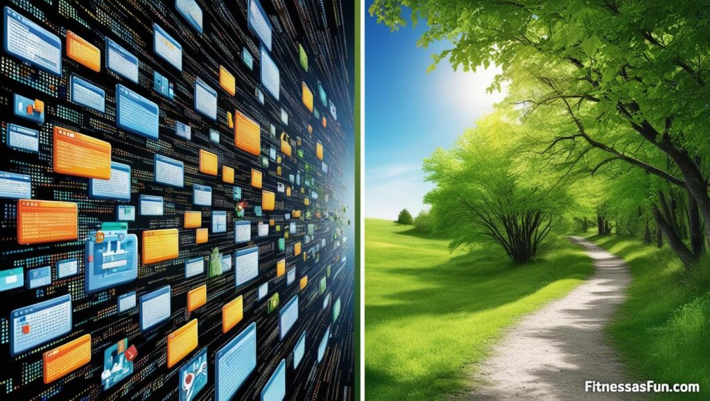 stressed out digital world vs a calm nature walk (representing digital detox)