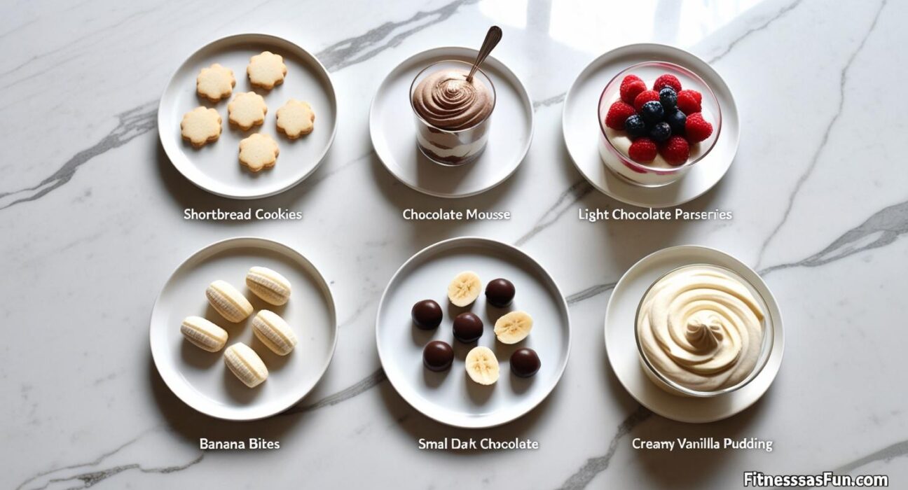 sugar free desserts styled cleanly on a marble table with labels—cookies mousse parfait banana bites and pudding