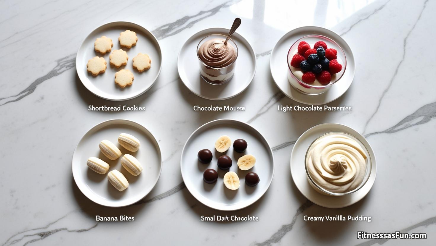 sugar free desserts styled cleanly on a marble table with labels—cookies mousse parfait banana bites and pudding