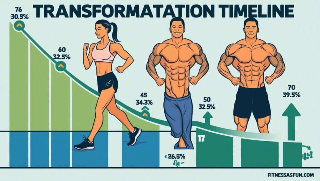 transformation timeline showing slow but steady fat loss with strength gains