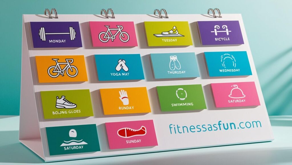 weekly calendar with each day showing a different class icon (dumbbell bike mat gloves