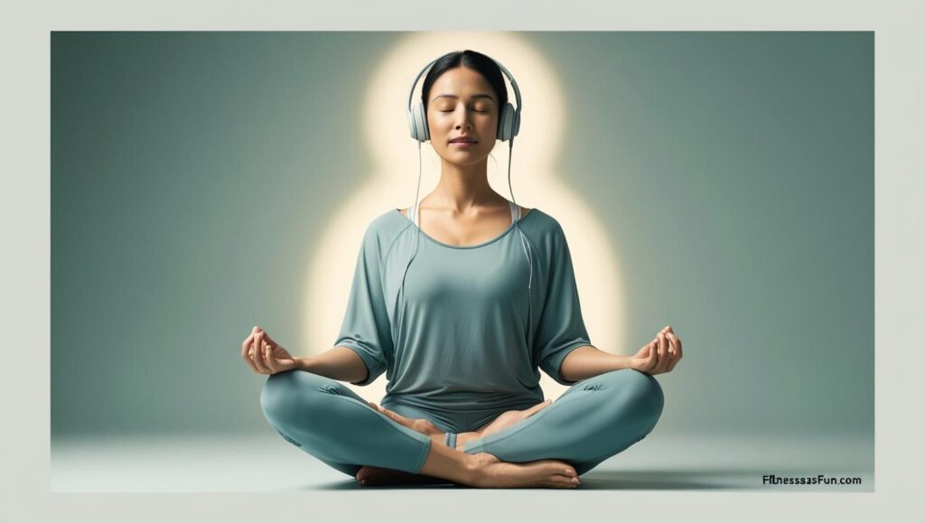 woman meditating with headphones eyes closed immersed in sound