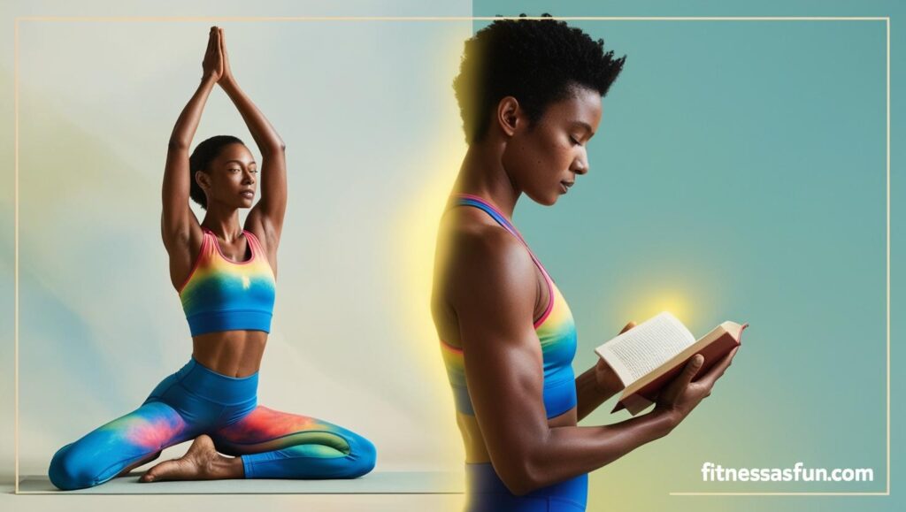 workout gear doing yoga on one side and reading on the other