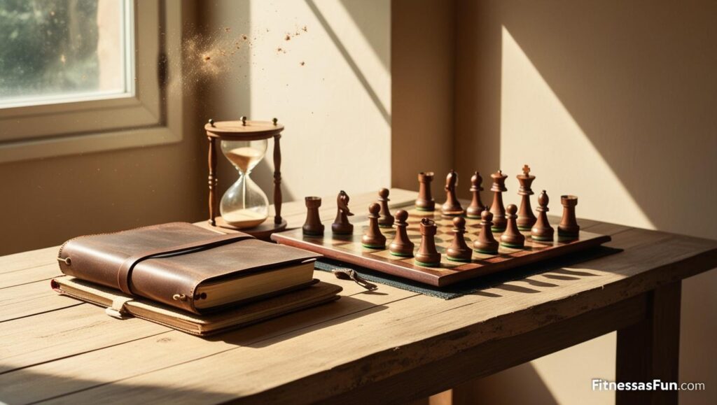 workspace with a journal timer and chessboard—signaling mental training tools