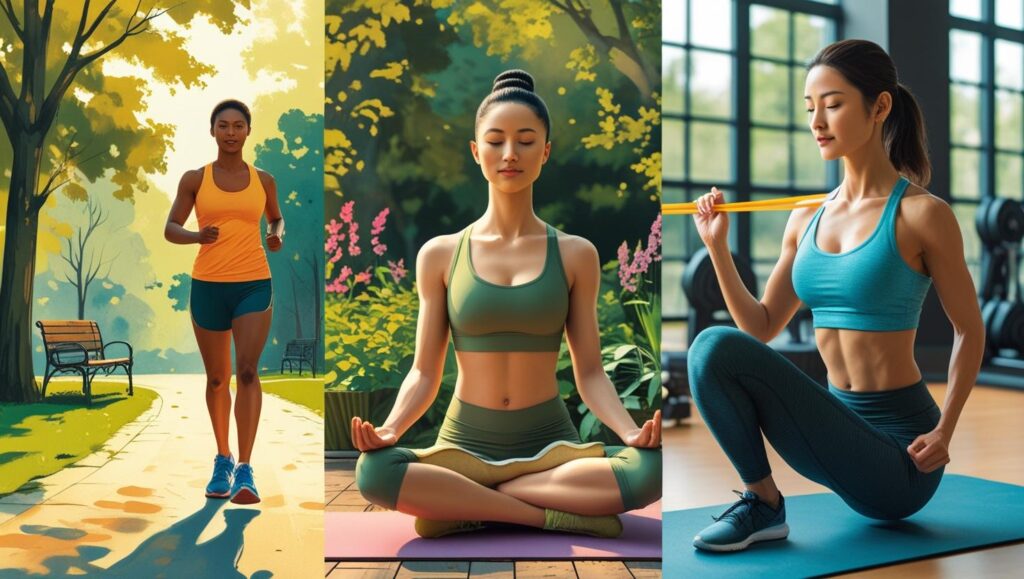 A collage showing walking, meditation