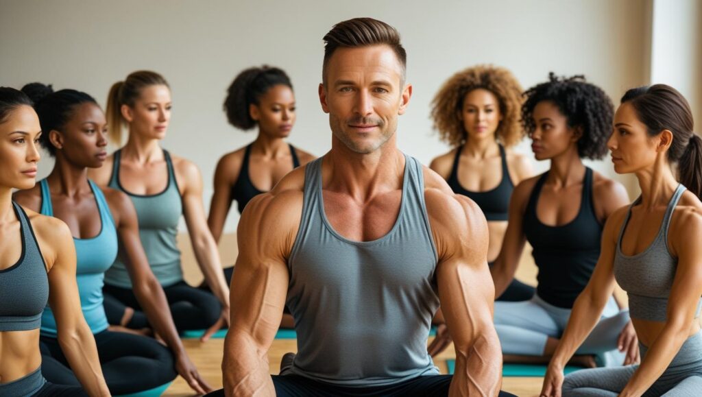 A fitness coach demonstrating seated breathing