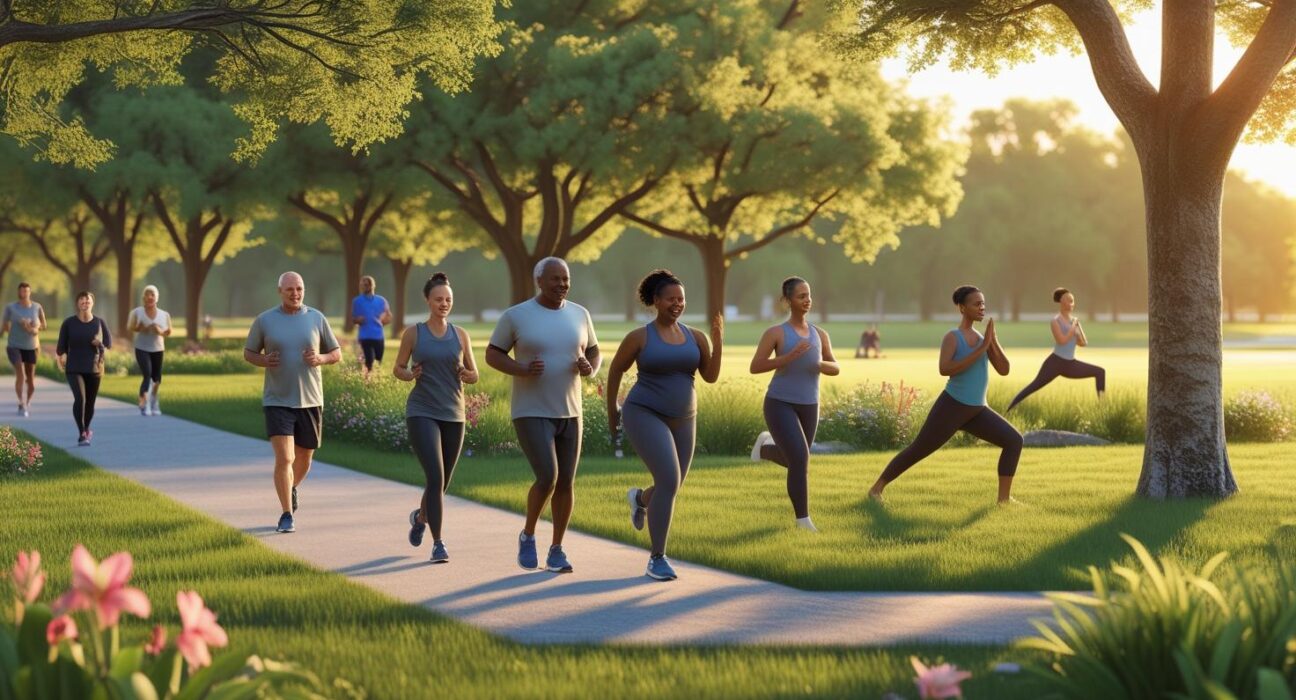 A serene park scene with people walking