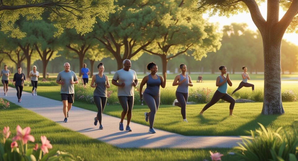 A serene park scene with people walking